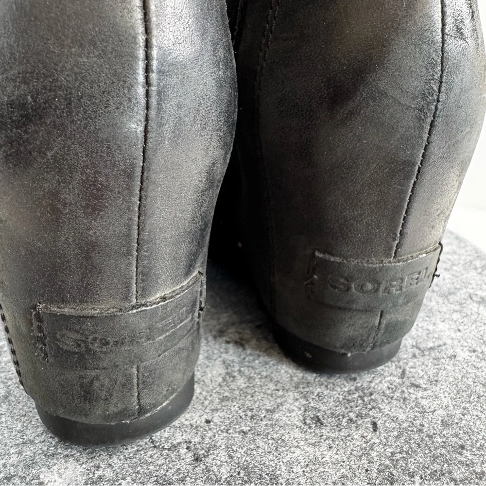 Sorel Black Leather Lea Wedge Booties Ankle Boots 8.5